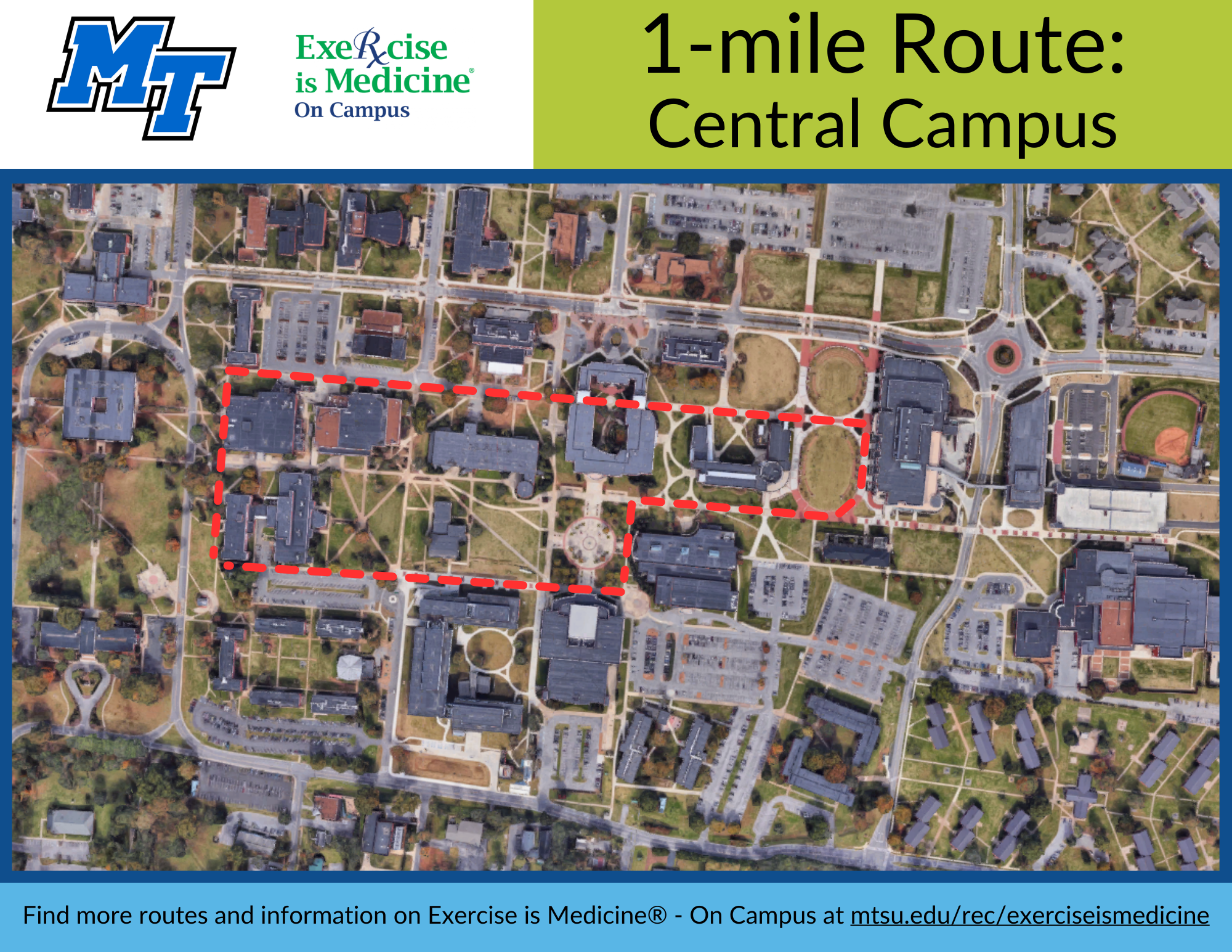 map of a 1-mile path around central campus, text directions included above