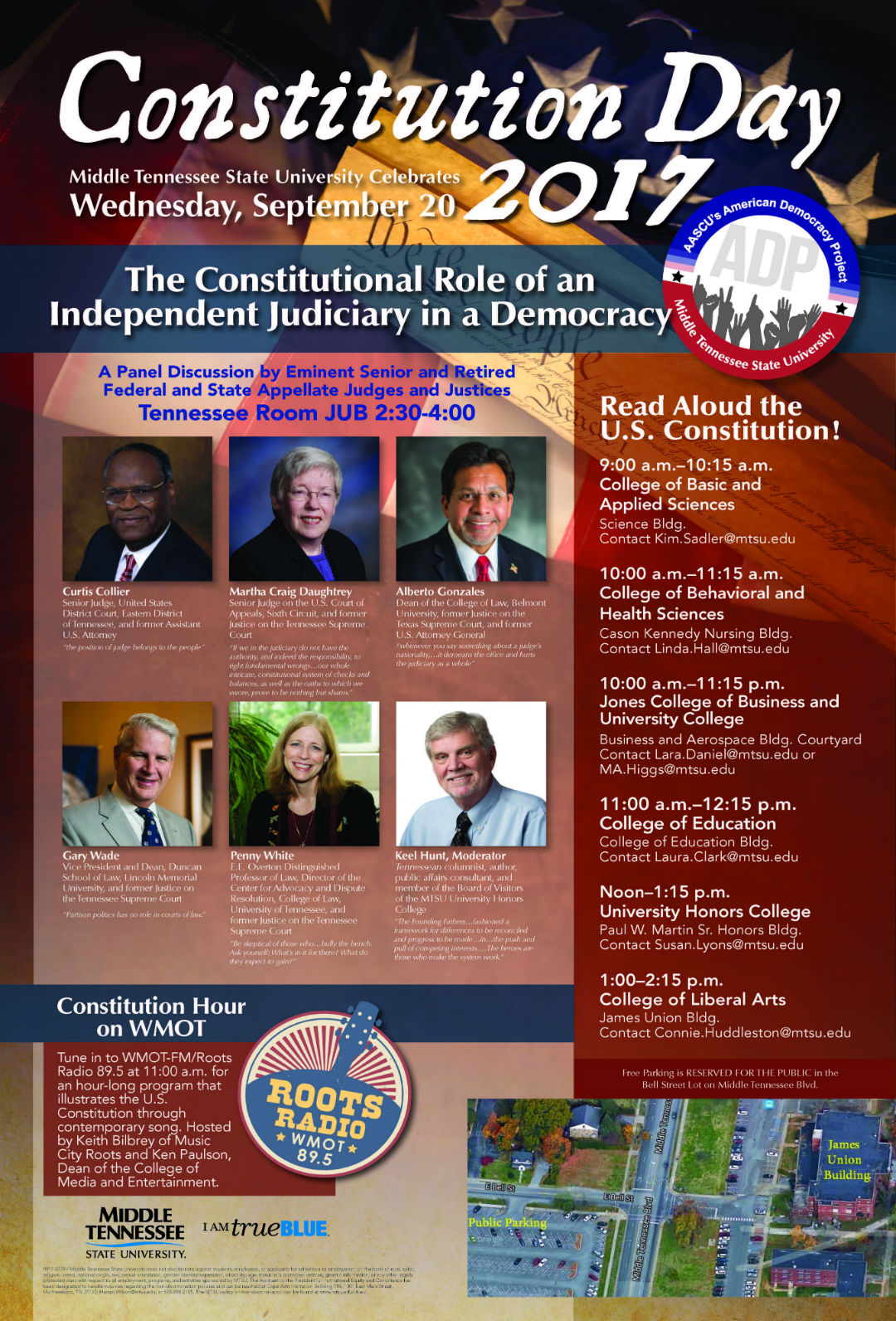 2017 Constitution Day Poster with times of the Constitution read alouds across campus and the 2:30pm Panel discussion of an Independent Judiciary in a Democracy