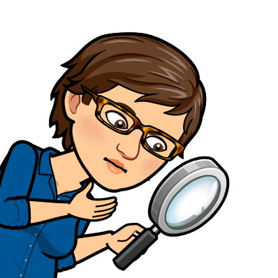 Bitmoji wearing blue shirt, wearing traditional detective hat and holding magnifying glass to eye, facing right