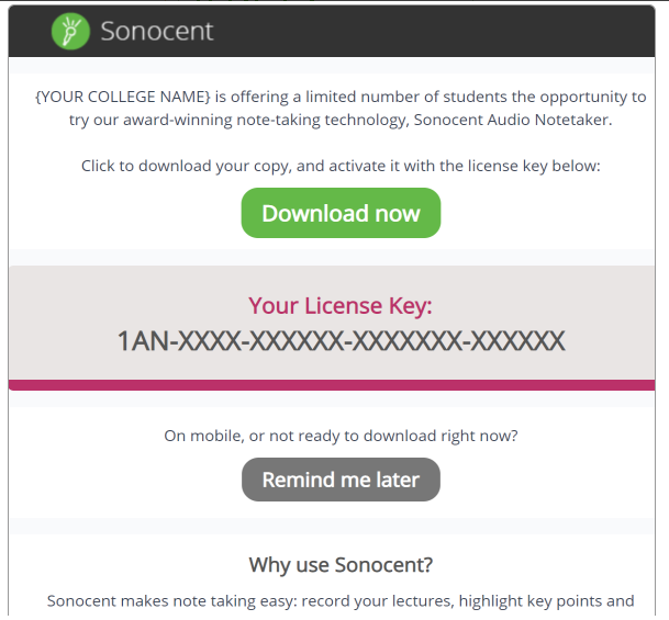 A graphic previewing the Sonocent introduction e-mail described above.