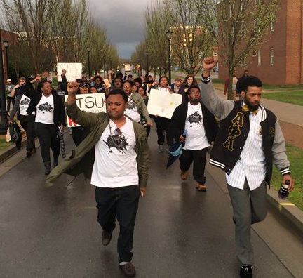 students protesting Forrest Hall