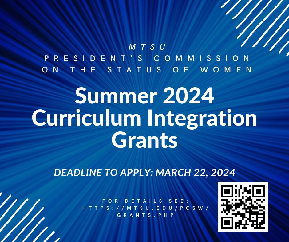 Blue burst background with white text. MTSU President's Commission on the Status of Women Summer 2024 Curriculum Integration Grants. Deadline to Apply: March 22, 2024. For details see mtsu.edu/pcsw/grants.php