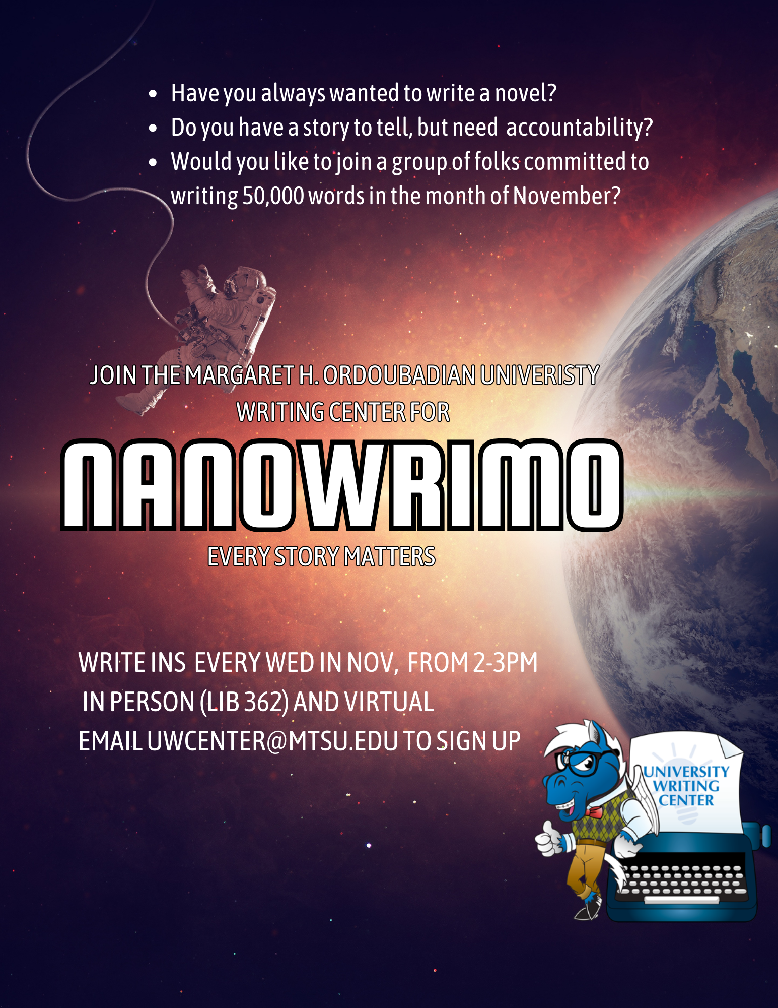 Flyer for Nanowrimo event at the UWC